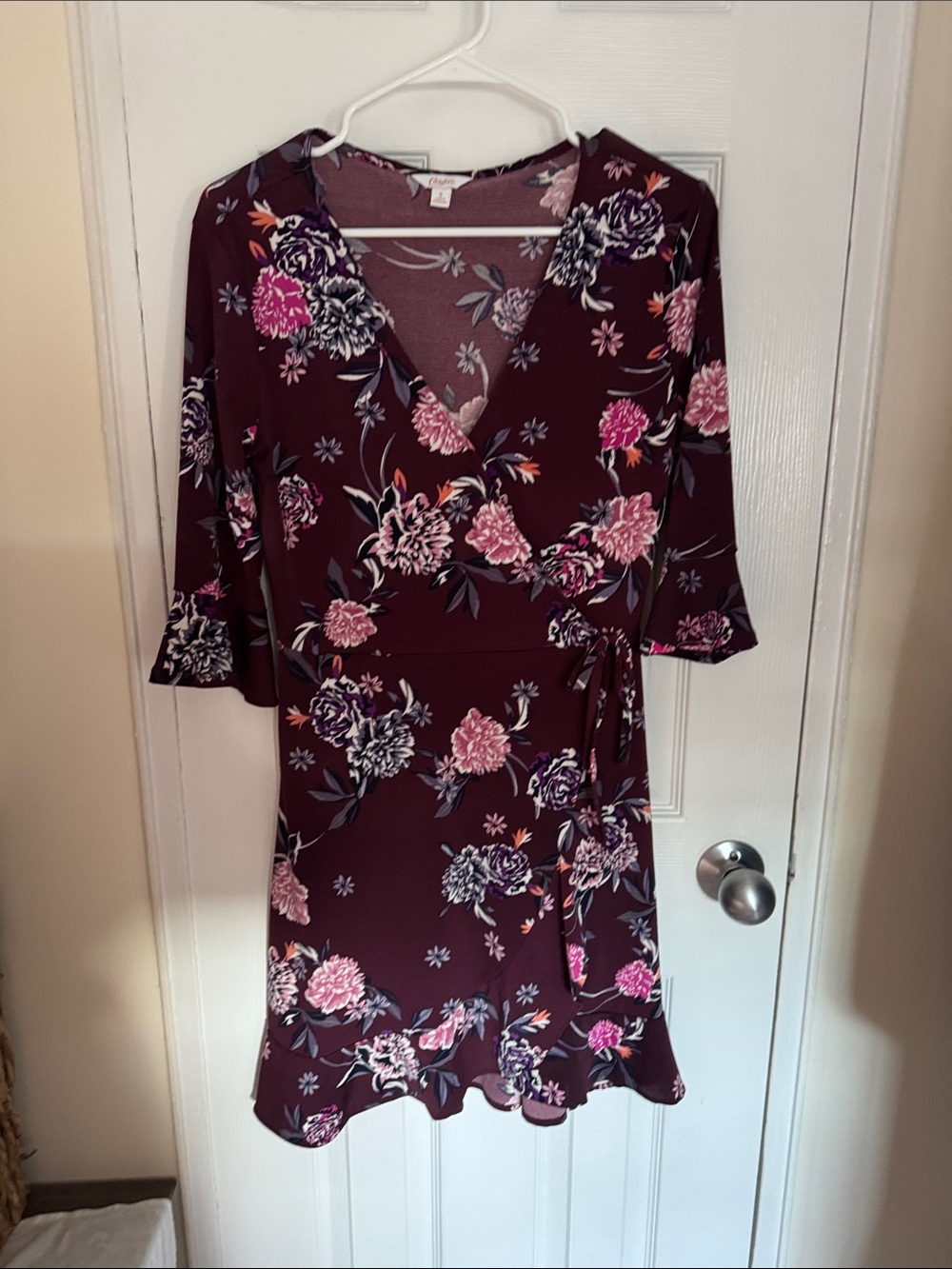 Candie's Burgundy Floral Wrap Mini Dress